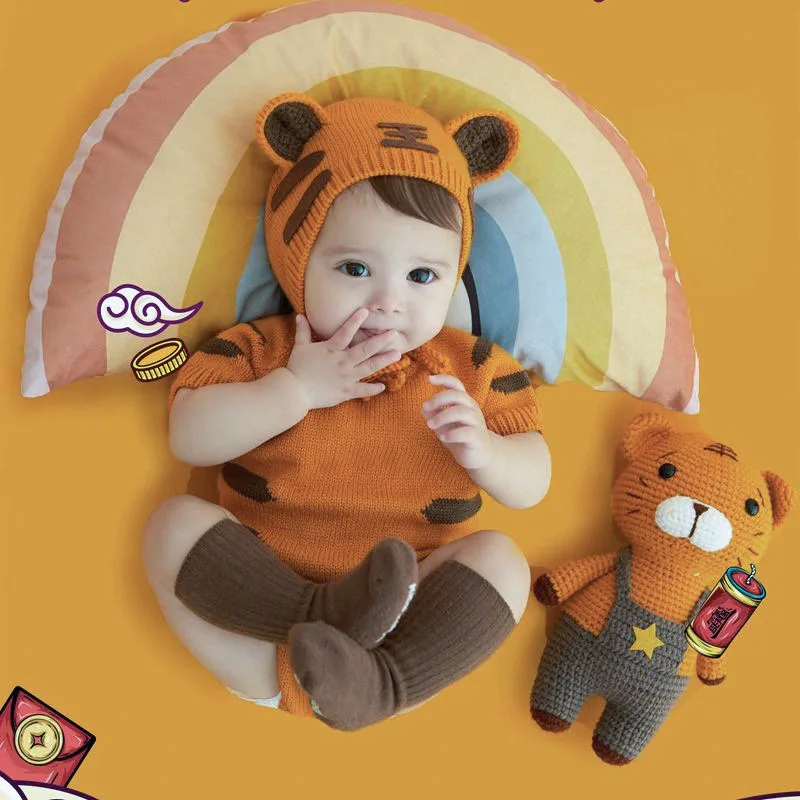 ❤️CYMMHCM Baby Photography Clothing Tiger Hat+Jumpsuit 2Pcs/set Infant Photo Props Accessories Studio Shoot Knit Clothes Outfits