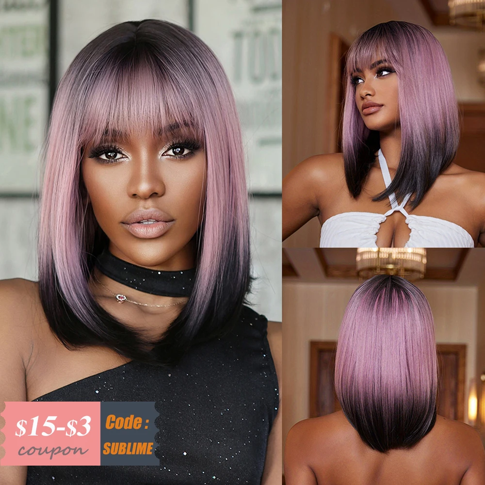 

Short Straight Black Pink Ombre Synthetic Wigs with Bangs for Women Afro Cosplay Party Bob Hair Wig Heat Resistant Fake Hairs