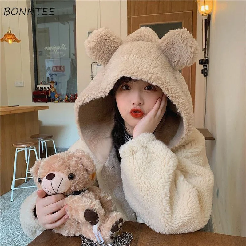Jackets Women Kawaii Hooded Winter Korean Soft College Single Breasted College Girls Outwear Coats Simple Sweet Female Parkas