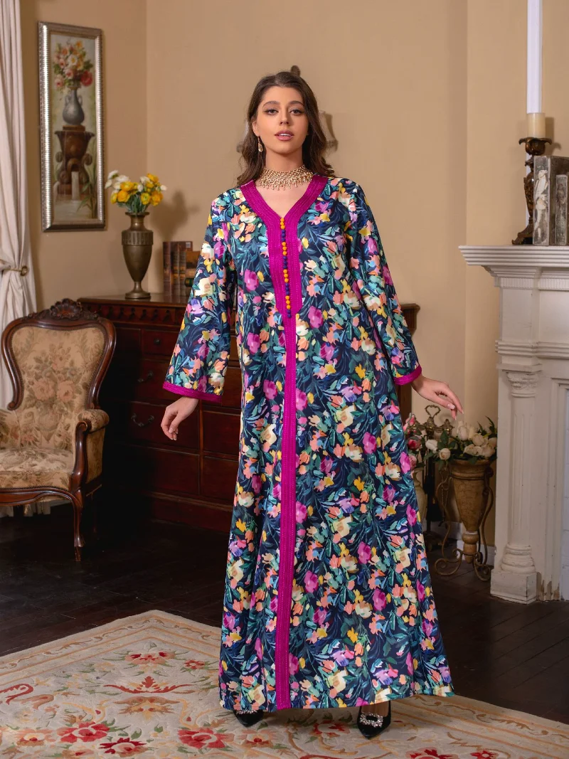 Muslim Abaya Dress Dubai Vintage Floral Printed Long Dresses V-Neck Lace Tape Moroccan Kaftan Woman Ramadan Jalabiya 2023