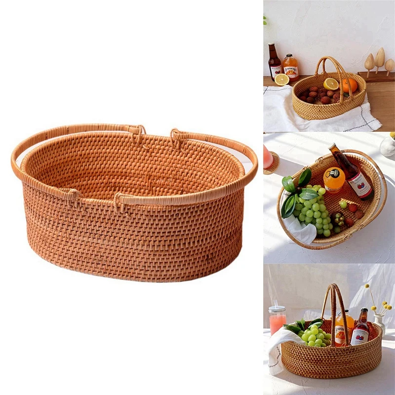 

Hand-Woven Rattan Storage Basket,Fruit Basket Basket Tray,Rattan Storage Baskets With Handles,Wicker Organizer Tray