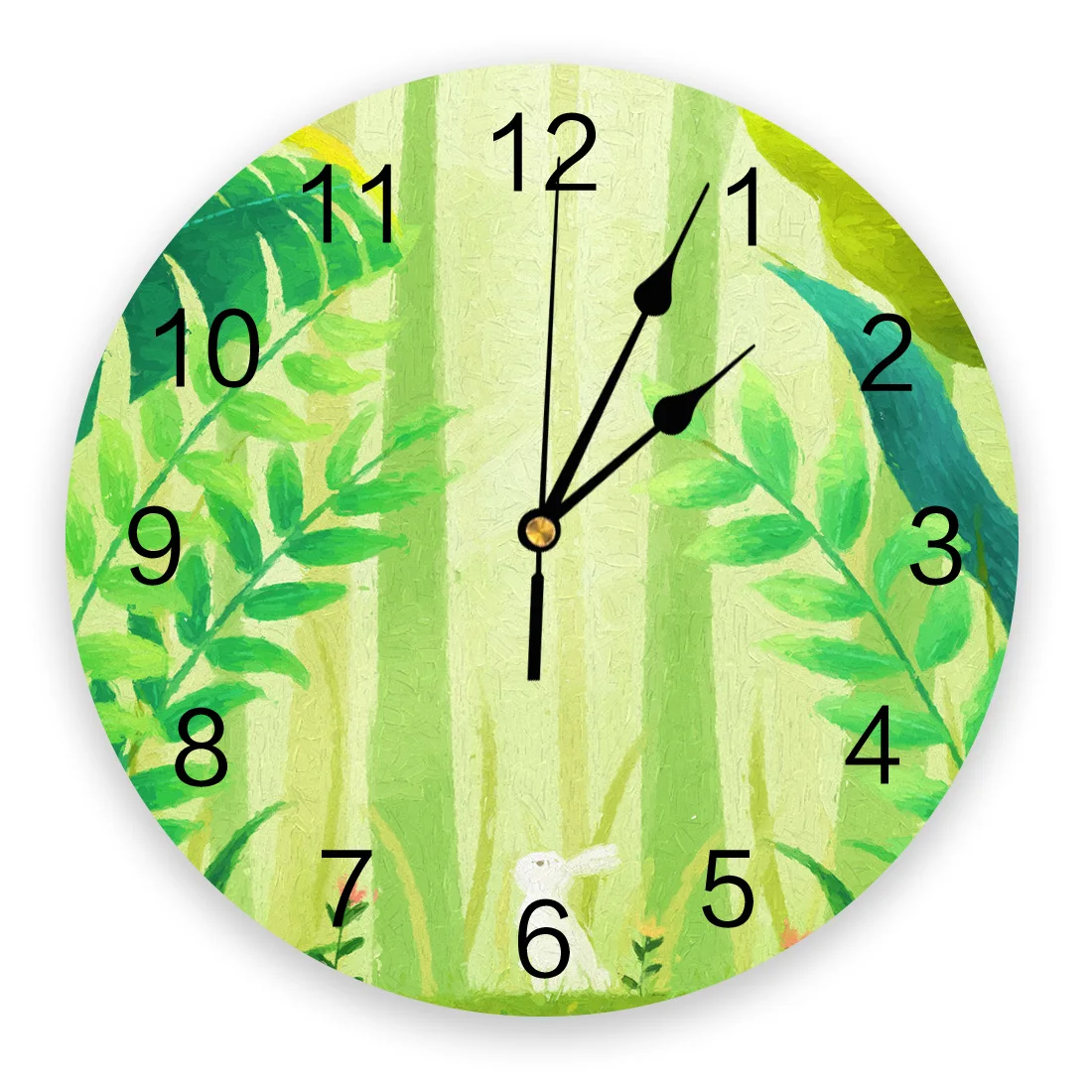

Настенные часы с зелеными листьями, кроликами из ПВХ, для гостиной, спальни, Модные подвесные часы с принтом для офиса, кафе, рандомные часы