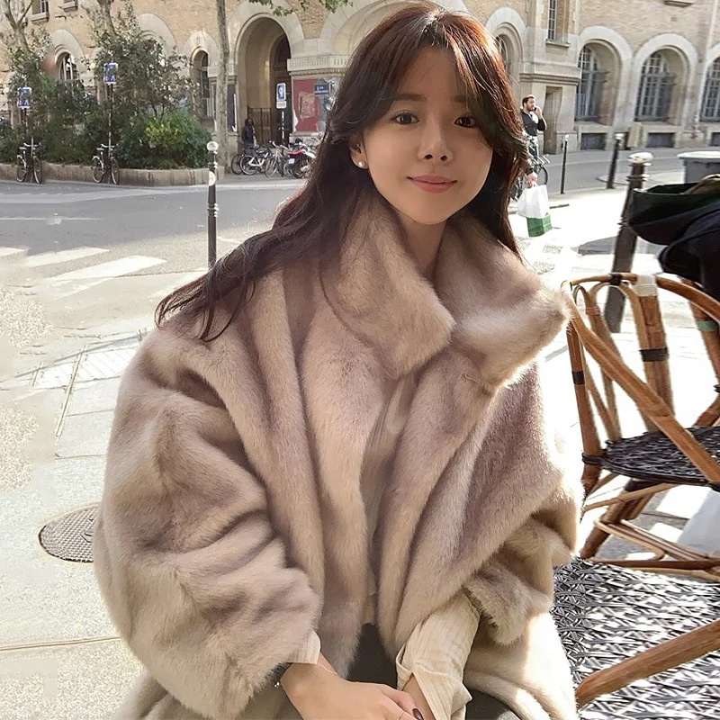 Women's 2021 Temperament Elegant Lapel Slotted Loose Pockets Warm Mink Imitation Fur Korea Autumn and Winter Fashion Jacket