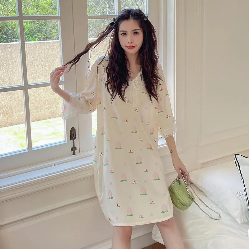 Nightdress Women's Spring and Autumn Summer Silk Ice Large Size Loose Sweet Dress Sexy Korean Style Pajamas Home Wear