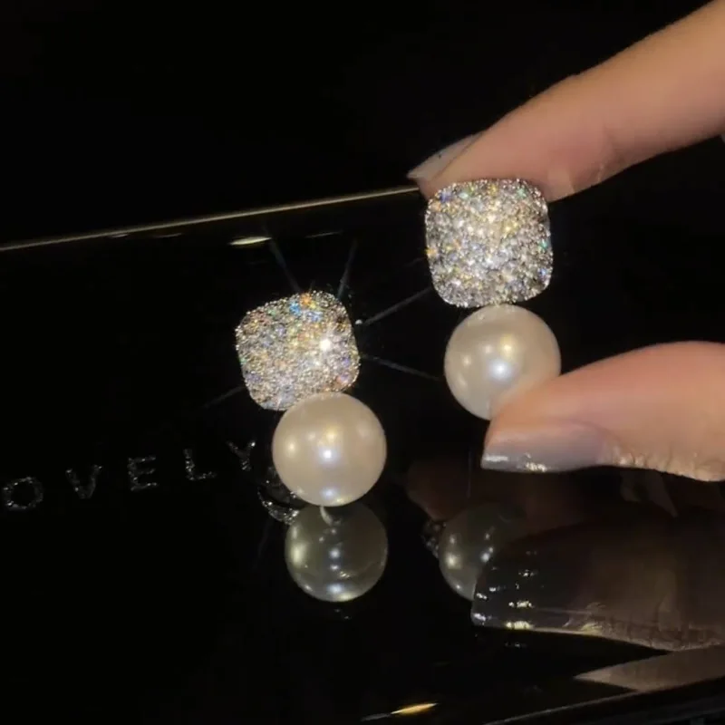 

Square zircon, pearl temperament, women's earrings, free shipping