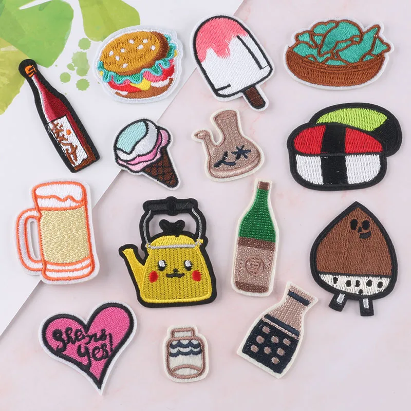 Japan Wine Bottles Embroidered Appliques Beer Cup Cloth Stickers Icecream Iron on Badges Pikachu Teapot Emblem for Kids Garments