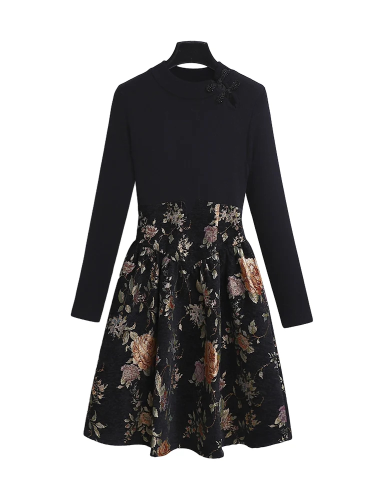 Высококачественное новое китайское черное трикотажное платье в стиле ретро 2024