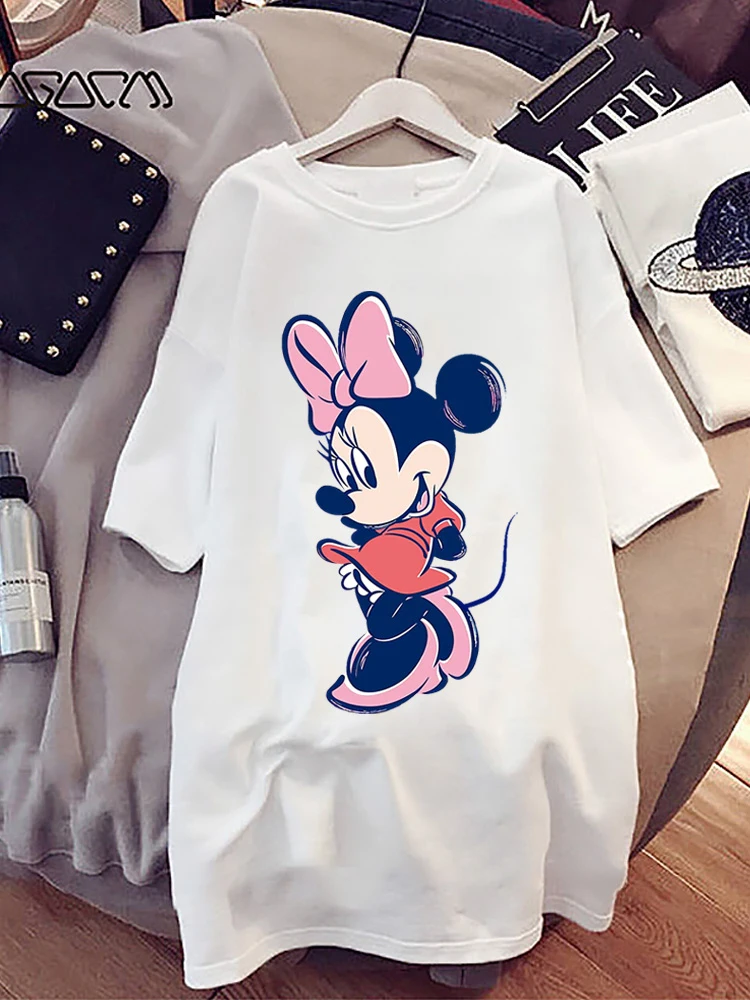 

Kawaii Long -Shirts for Women 2022 Disney Cute Minnie Mickey Mouse Printed Pajamas Casual Loose Short Sleeve Harajuku Sleepwear