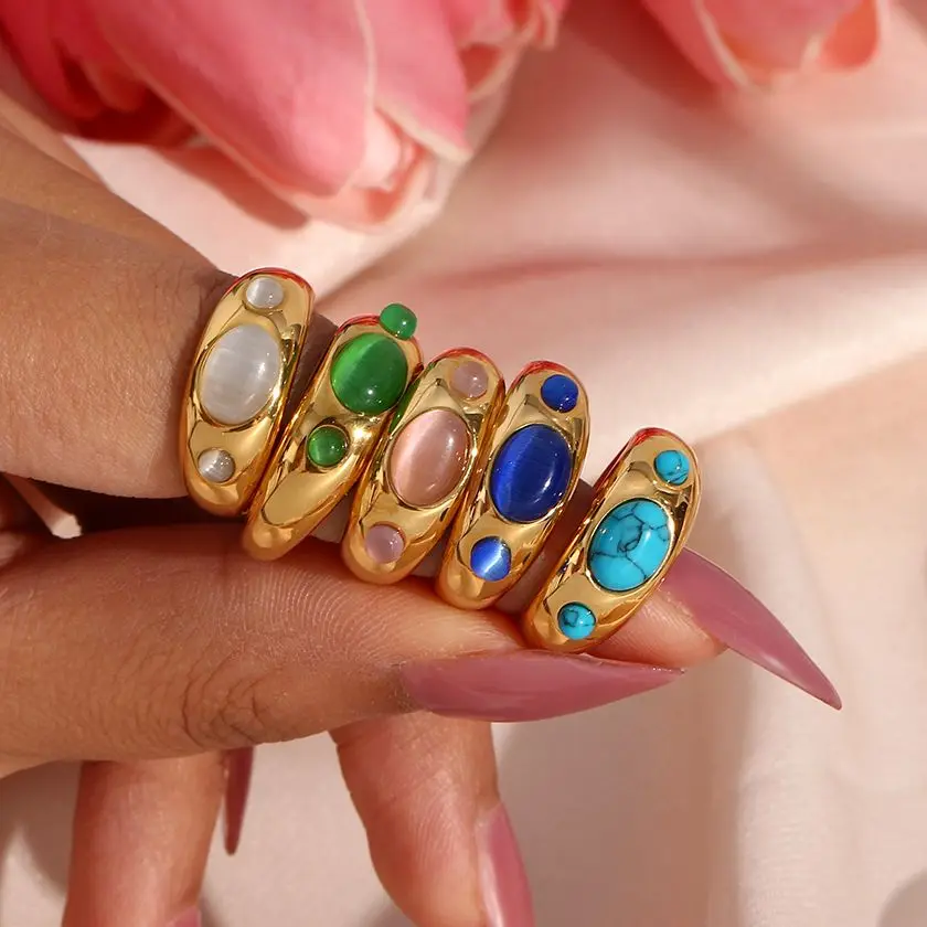 

Lovely Cat Paw Design High Grade Natural Opal Stone Turquoise Ring Blue Green Pink White Fashion Stainless Steel Ring For Woman