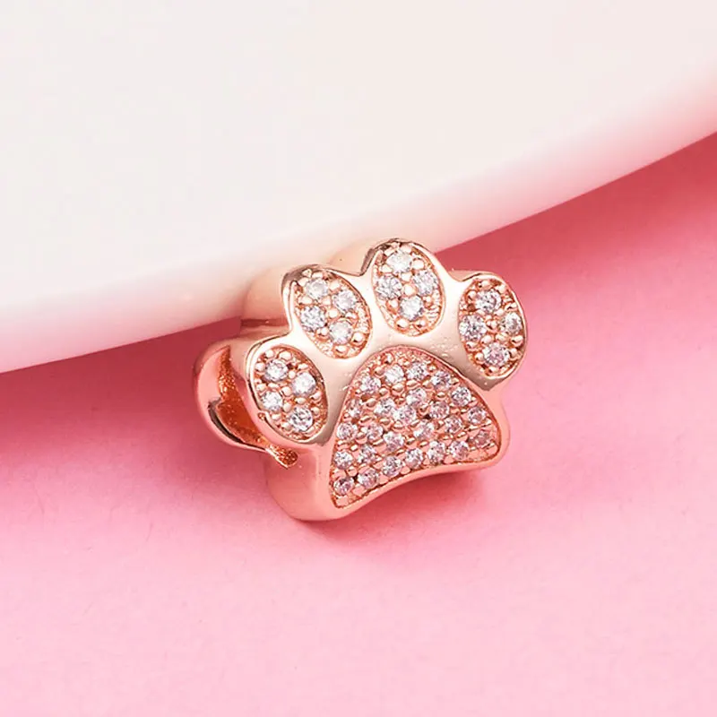 

Rose Gold Plated Sparkling Paw Print Charm Bead Fits European DIY Style Bracelets Necklaces