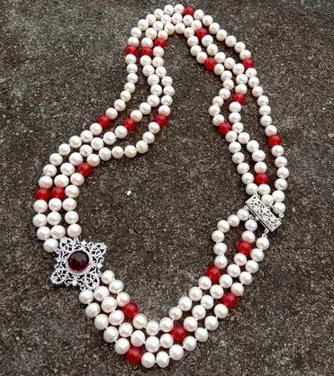 

3 Strands natural 8-9MM Cultured White Near Round Freshwater Pearl Red Jade Necklace Cz Pave connector 21"