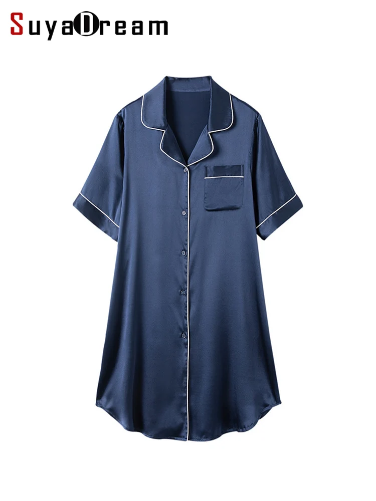 SuyaDream Woman Silk Shirt Dress 93%Real Silk 7%Spandex Single Breasted Mini Dresses 2023 Summer Nightgowns Navy