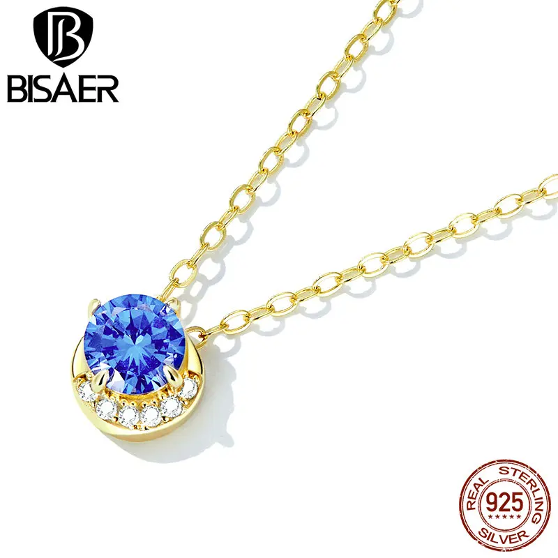 

BISAER 925 Sterling Silver Chain Blue Zircon Moon Pendant Neck Chains Plated 14K Gold Necklaces For Women Party Fine Jewelry