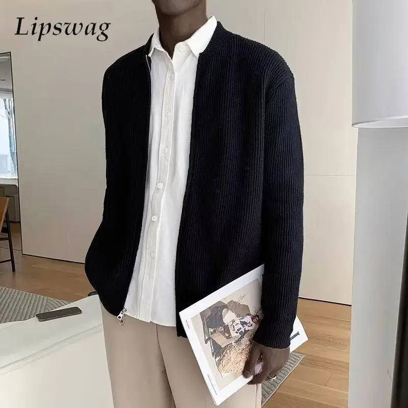 

Мужской трикотажный кардиган на молнии, повседневный однотонный Приталенный кардиган с длинным рукавом, в винтажном стиле, осень 2023