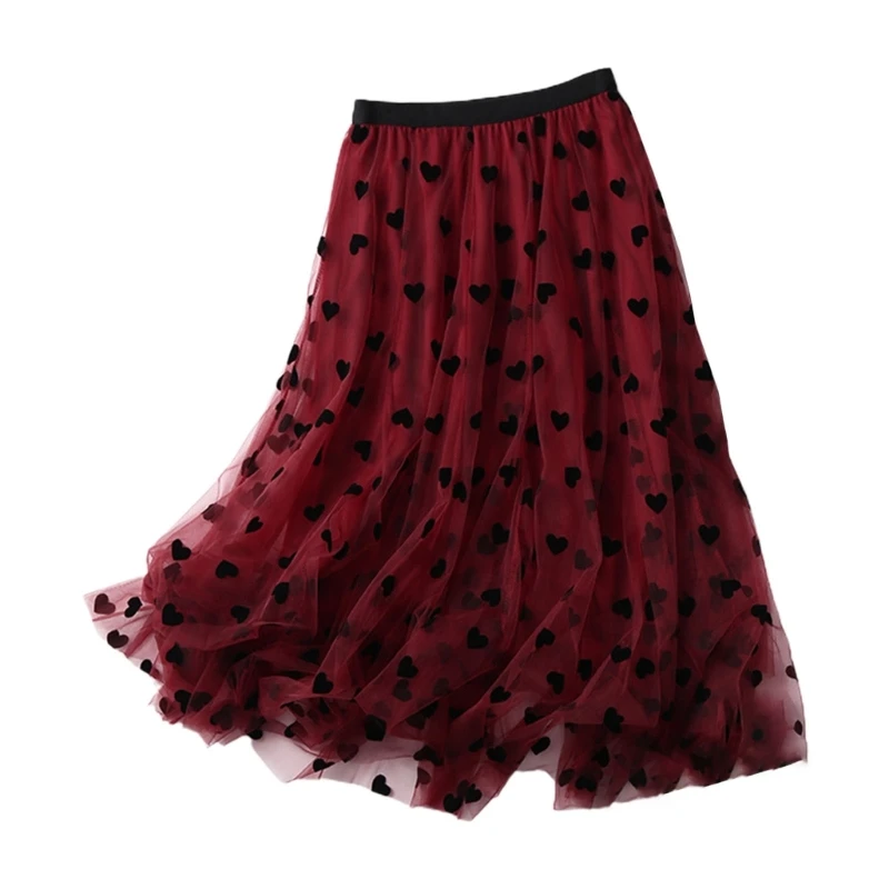 

Woman Summer Yarn Skirts Seaside Holiday Clothes High Waist Heart Print 3 Layer Casual Skirt Female Simple Clothing 517D