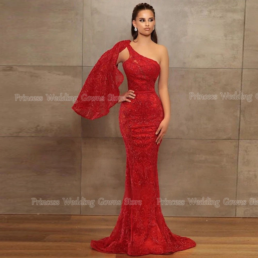 

Chic Red Lace Beading Prom Dresses For Woman One Shoulder Sweep Train With Cape Custom Luxury Evening Gown Formal Vestidos Noche