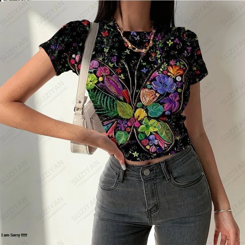 

New Hot Selling Women's Round Neck Short Sleeve T-shirt Tight 3D Printing Summer Street Fragmented Flower Women's Short Fit Top