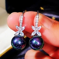 2022 new vintage silver plated purple pearls flowers drop earrings for women cz stone inlay fashion jewelry charming party gift