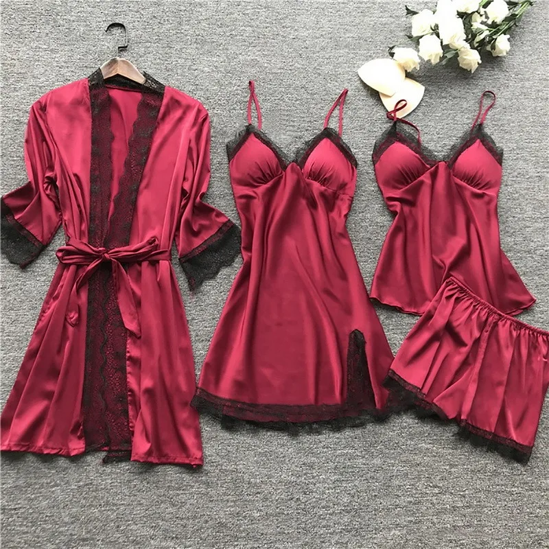 2023 Women Pajamas Sets Satin Sleepwear Silk 4 Pieces Nightwear Pyjama Strap Lace Sleep Lounge Pajama With Chest Pads Drop