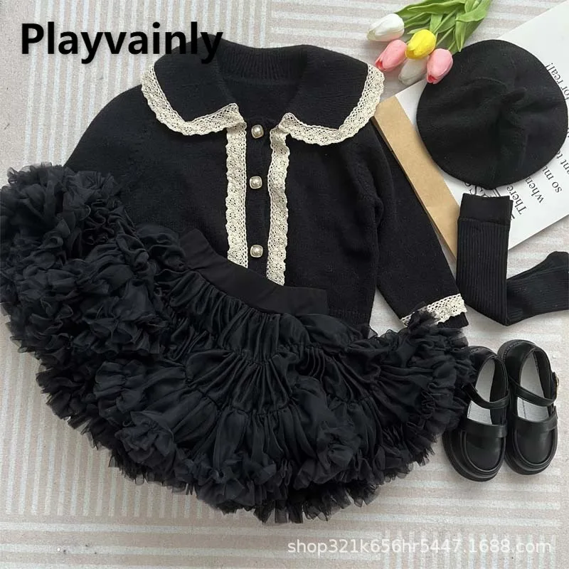 

New Spring Autumn Girls Set Black Long Sleeves Sweater Cardigan+Mesh High Waist TUTU Skirt Children Clothing E8756