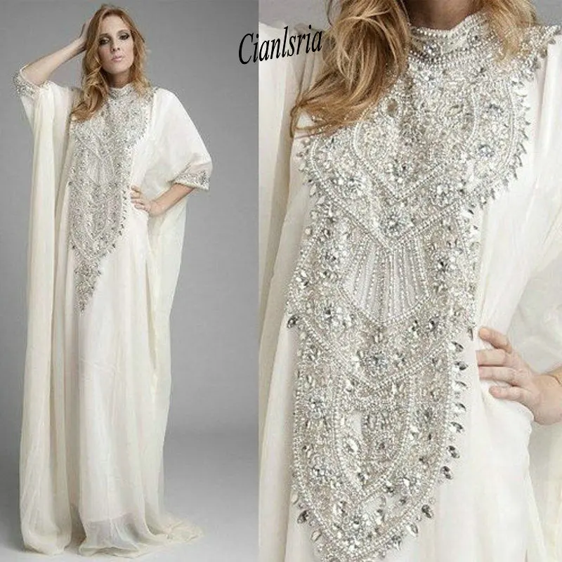 

Dubai Kaftan Pakistan Abaya High Neck Prom Dresses with Long Sleeves Luxury Crystals Rhinestones Evening Gowns