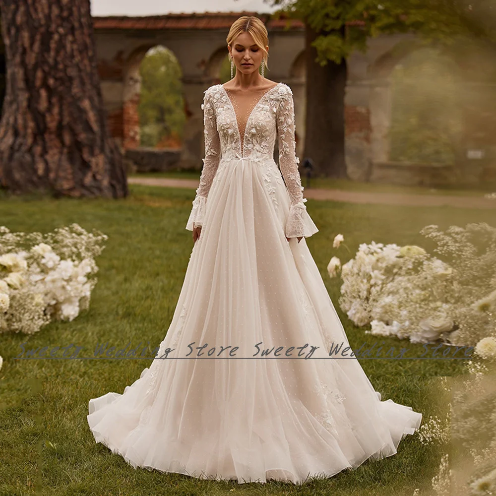 

Sexy Wedding Dress for Bride 2023 See Through Beads Sequin Applique Sweep Train Backless A Line Bridal Gown Vestidos De Novia