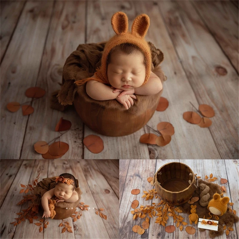 Newborn Baby Photography Props Autumn Orange Vintage Set Hat Wrap Rabbit Doll Wooden Tub Backdrop Leaves Studio Shoot Photo Prop