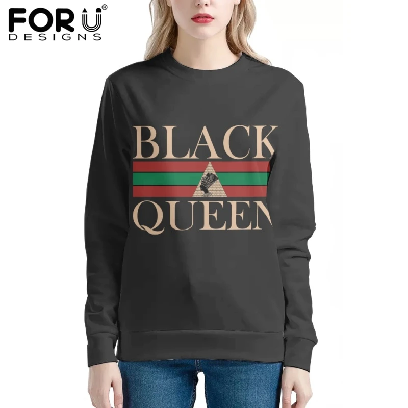 

FORUDESIGNS Vintage Black Hoodies for Women Black Queen Print Girls Pullover Oversized Casual Sweatshirt Femme Tracksuit Jumper