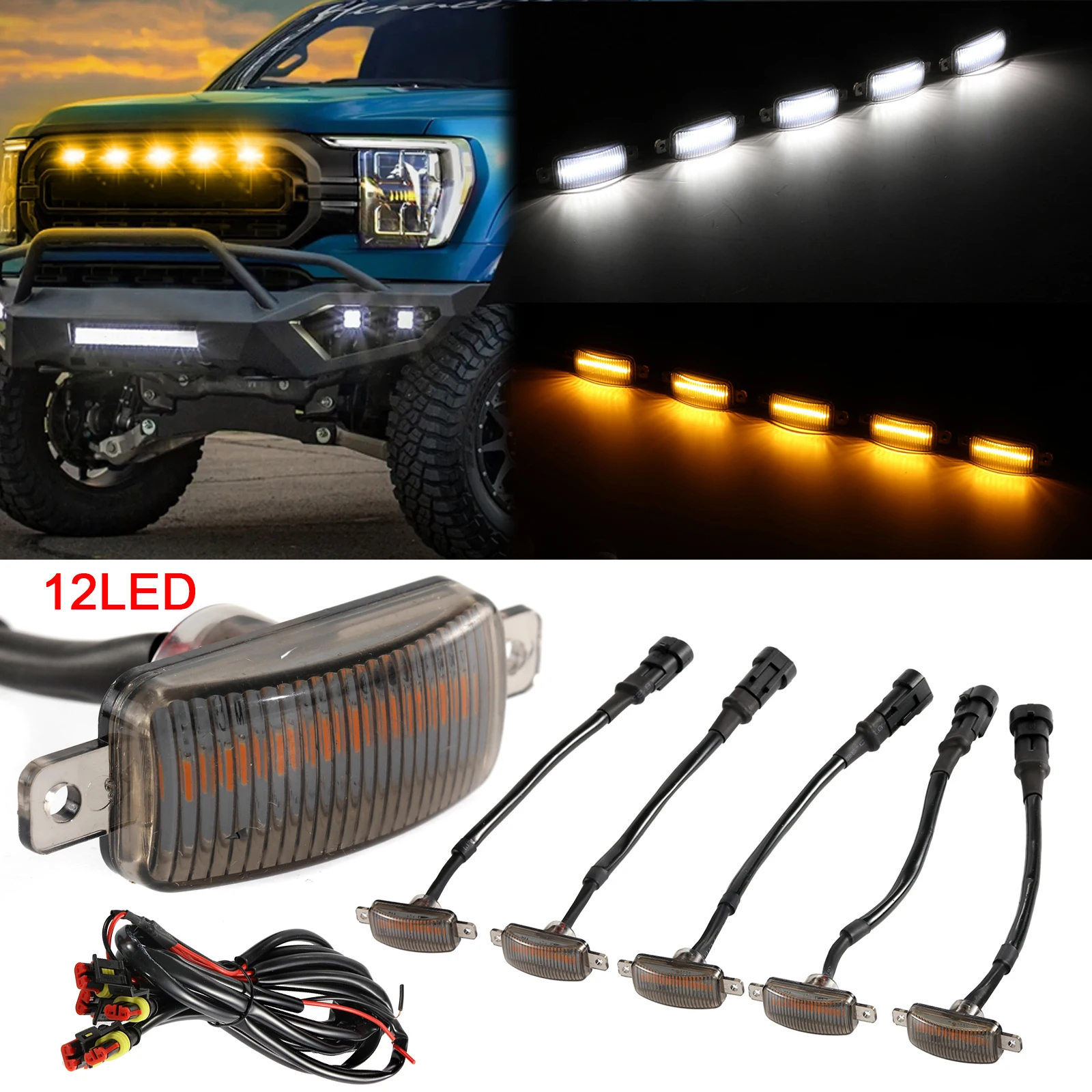 

Universal Car LED Grille Light Smoked Amber White 12LED Grill Light Lighting Eagle Eye Lamp for Off Road Trunk SUV Ford Toyota