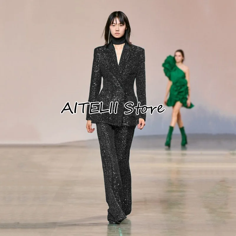 Women's Suits 2 Piece Set Sexy Sequins Retro Spike Collar Slim Fit Double Breasted Floor Length Trousers For Casual Party Jacket