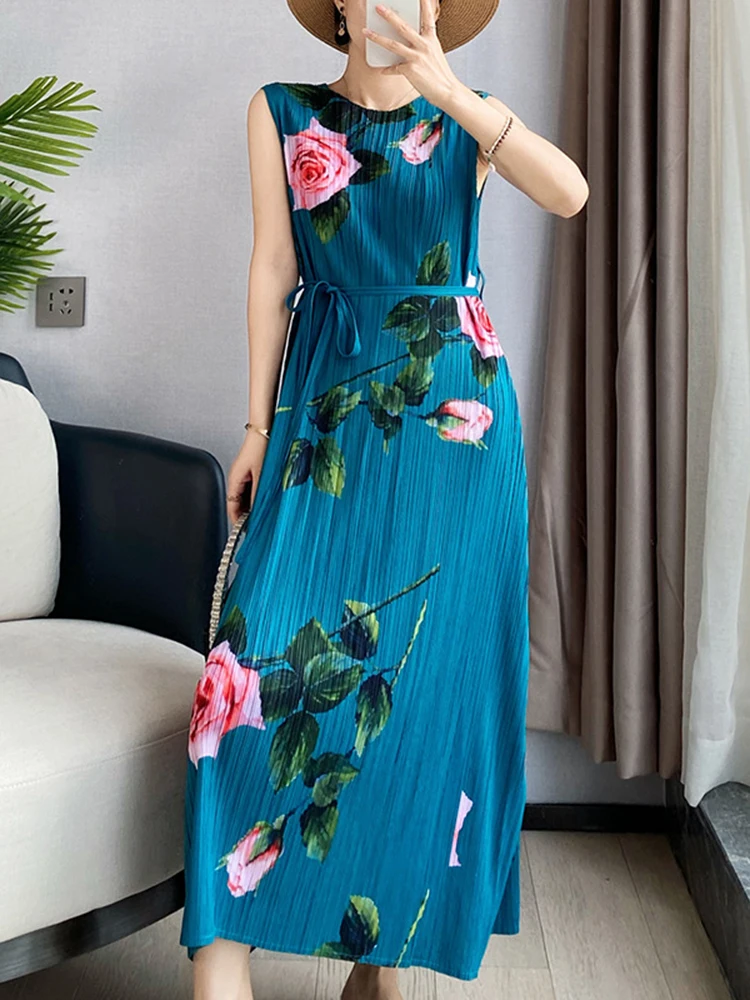 Женское плиссированное платье LANMREM до середины икры с высокой талией и круглым