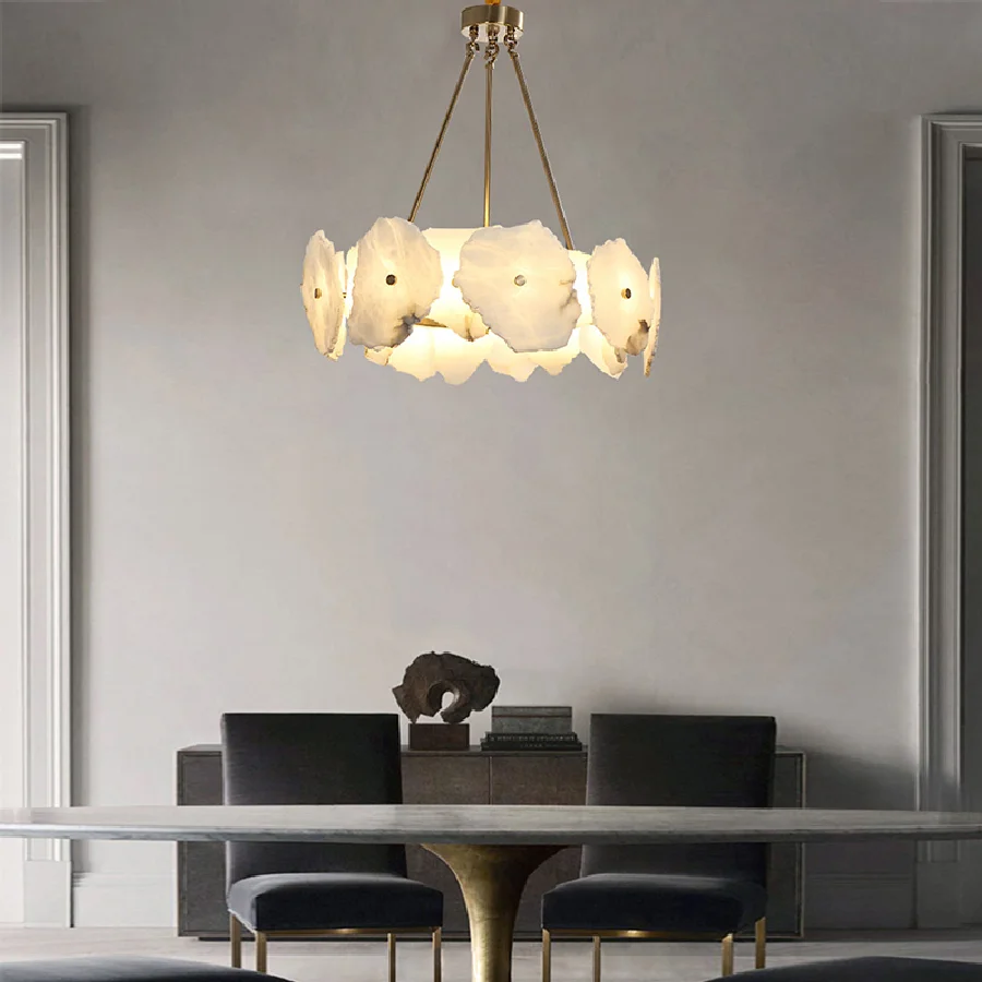 

Ivory White Marble Copper Modern Light Fixture Dimmable LED Hanging Lamp Lustre Chandelier Luxury Home Decor Living Room Bedroom