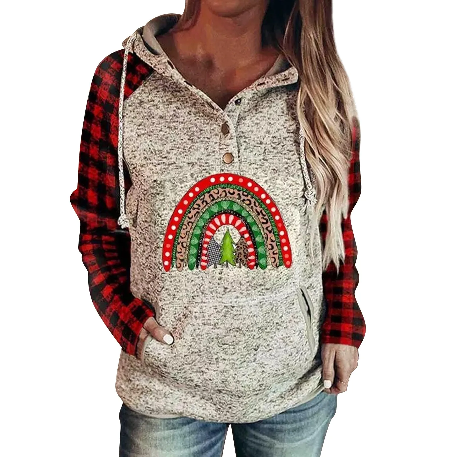 

Women's Pullover Hoodies Plaid H Print Christmas Print Button Down Long Sleeve Sweatshirts With Pocket Cute Zip up Hoodie