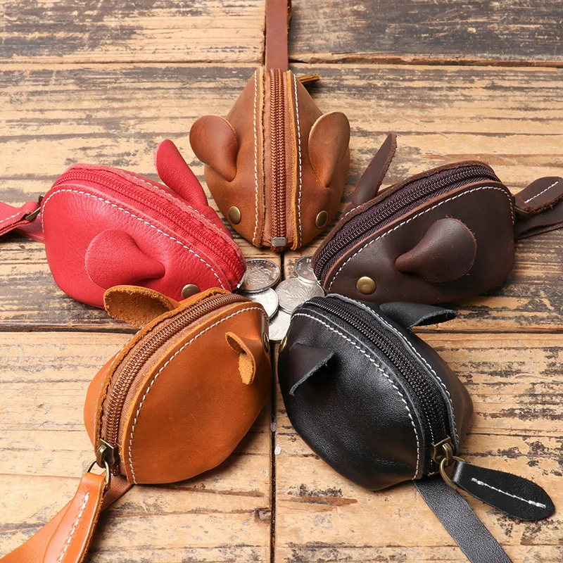 

Genuine Leather Coin Purse Women Men Key Bag Cute Cartoon Real Leather Mouse Zip Change Purse Earphone Pouch Wallet Clutch Bag