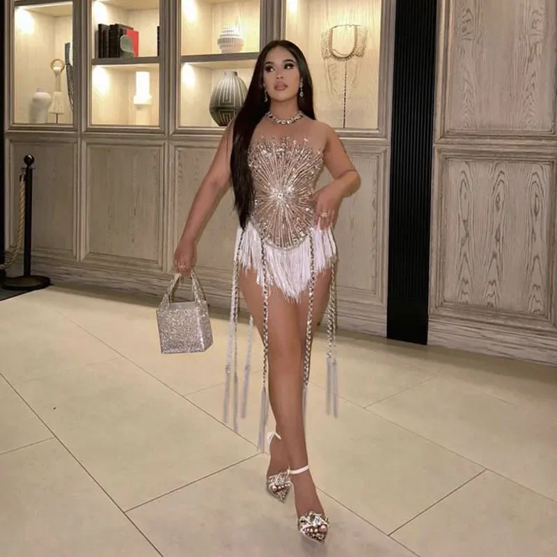 Клубный наряд женский сексуальный сетчатый облегающий боди с блестящими