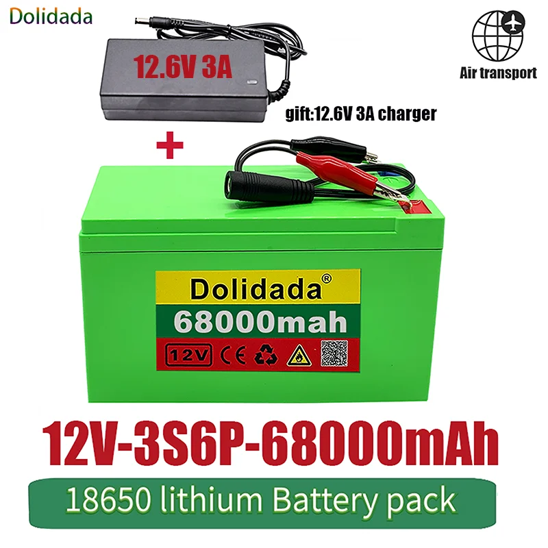 

NEW 12V 68Ah 18650 lithium battery pack 3S6P built-in high current 30A BMS for sprayers, electric vehicle batterie+12.6V charger