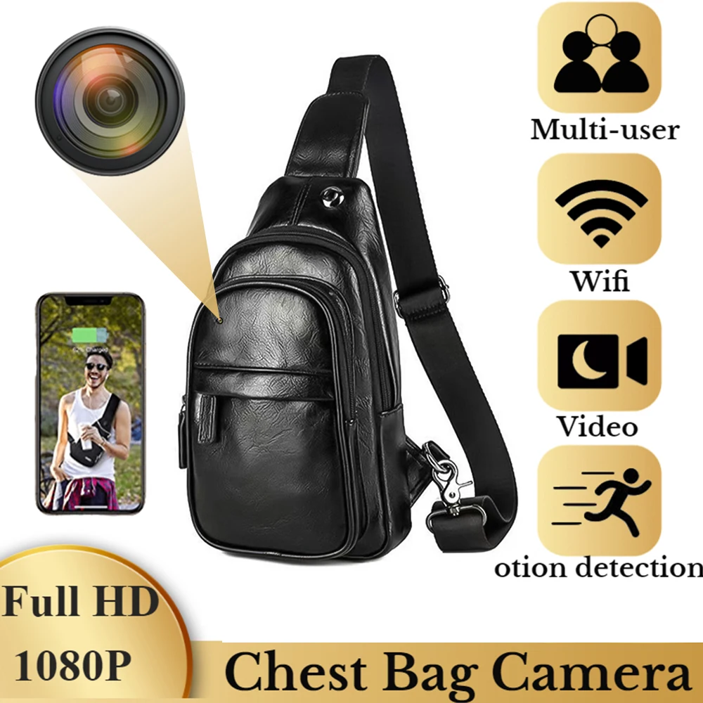 1080P HD Mini Camera Retro PU Outdoor Sports Chest Bag Camera WIFI Men's Messenger Bag Cam Travel Chest Bag Messenger Bag Camera