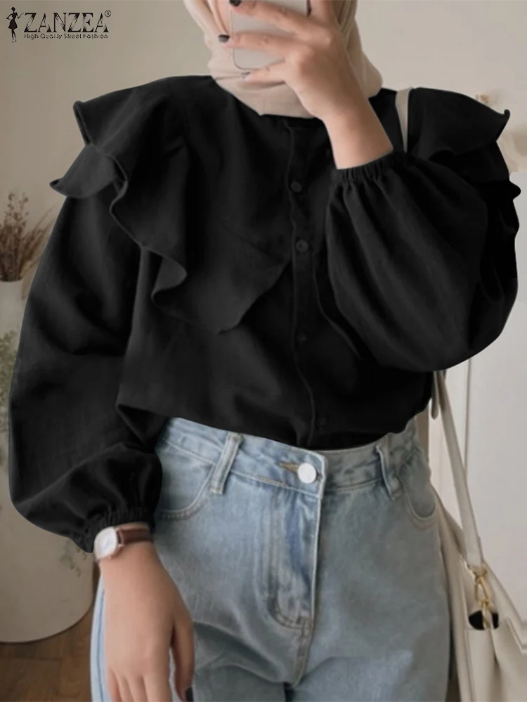 

ZANZEA Fashion Party Muslim Blouse Autumn Elegant Islamic Clothing Woman Puff Sleeve O-Neck Flounce Tops Solid Blusas Oversized