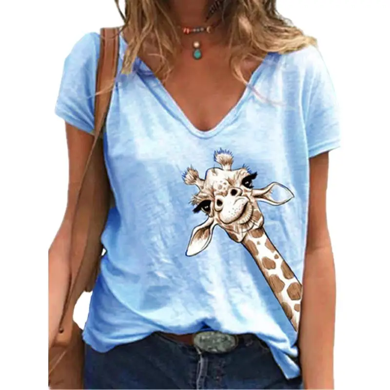 Женская футболка с коротким рукавом V-образным вырезом и оленем |