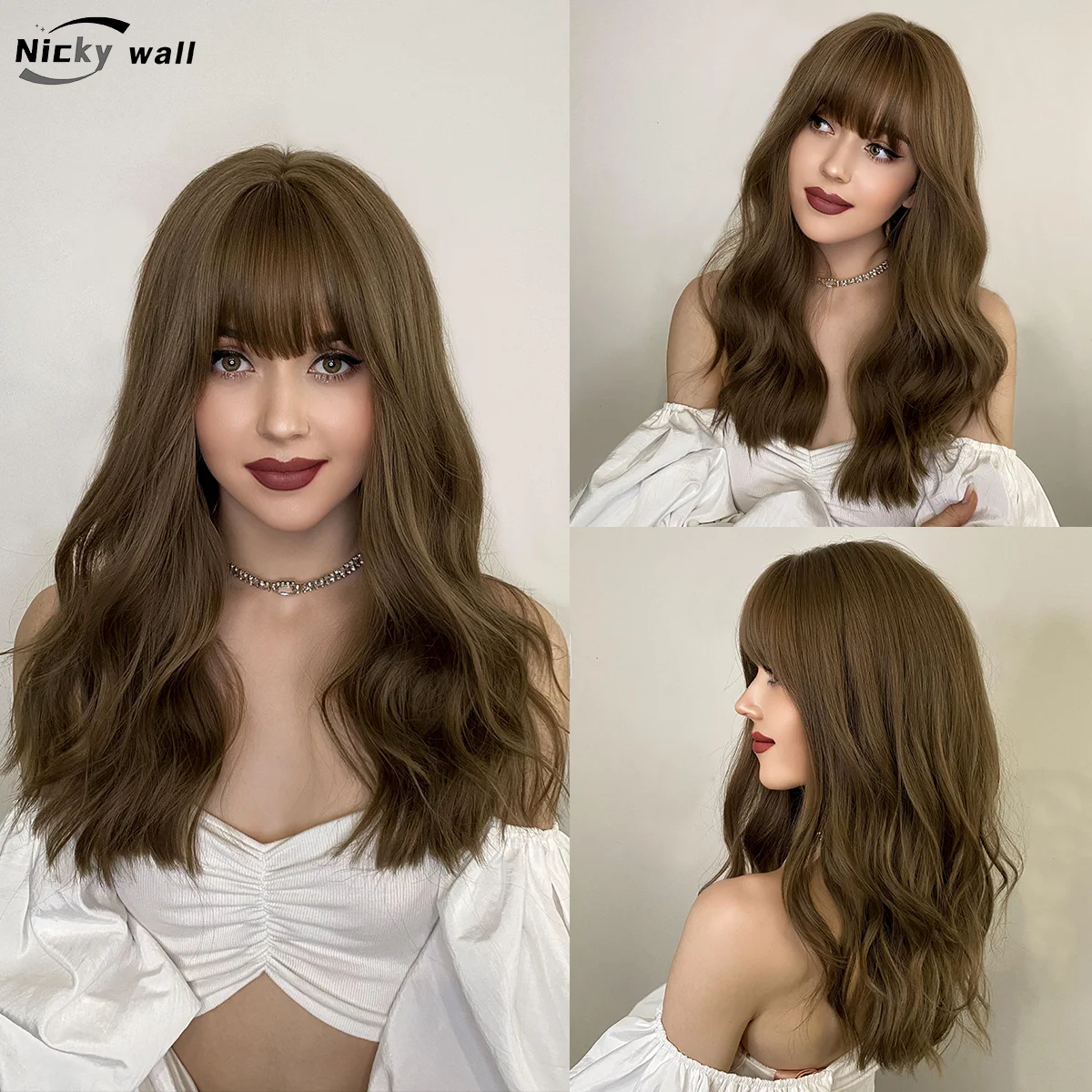 Long Wavy Wig Light Brown Synthetic Wigs with Bangs Natural Hair for Women Cosplay Lolita Daily Use Heat Resistant Wigs