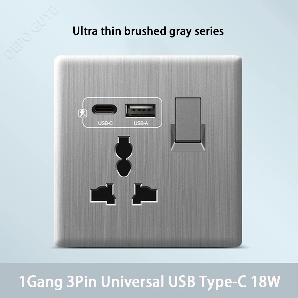 

Ультратонкая матово-серая настенная 2-позиционная панель переключателей, стандарта Великобритании, розетка для быстрой зарядки типа C 18 Вт, универсальная двойная 3-контактная USB-розетка