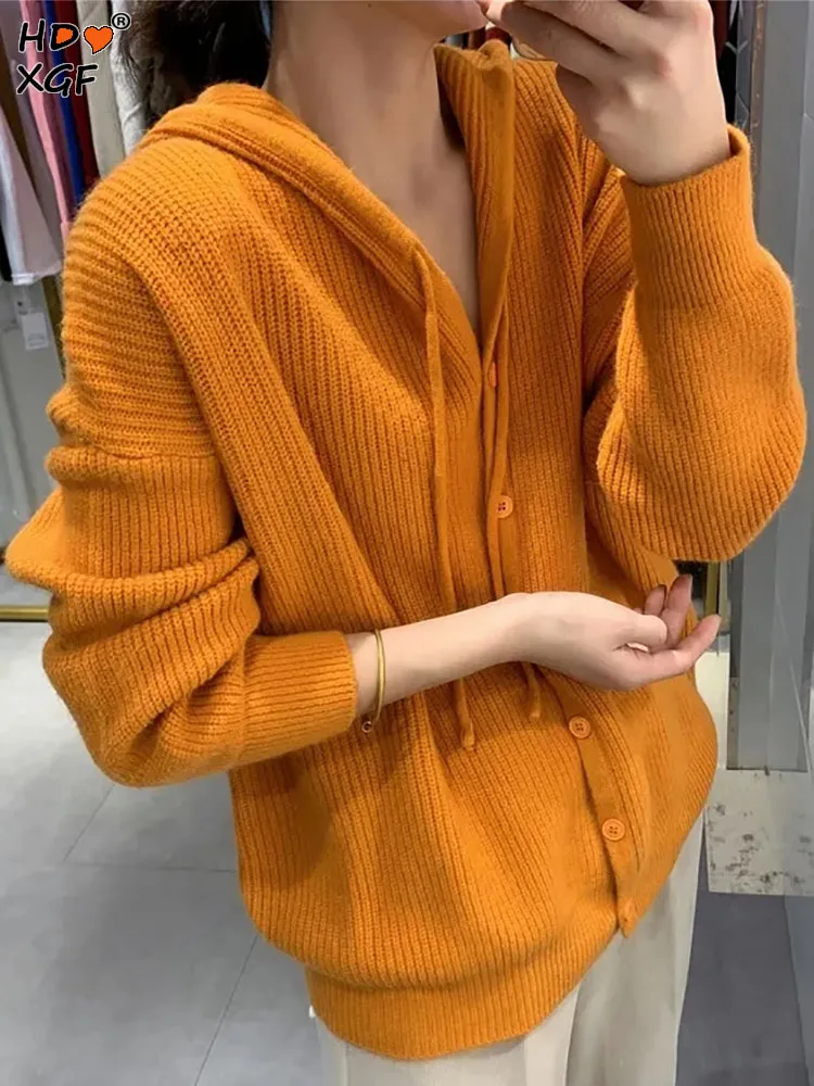

Женский однобортный свитер с капюшоном, яркий вязаный свитер ярких цветов, простое весеннее пальто для отдыха с длинным рукавом