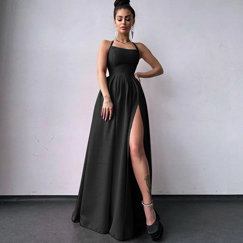 

Spring/Summer 2023 New Style Elegant Black Dress Open Back Large A-Swing Split Dress Women Sexy Dress