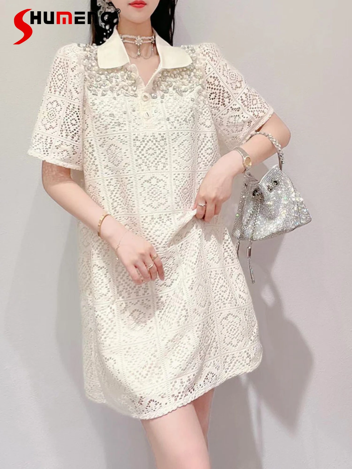 

Women Fashion Sweet French Style Lace Hollow Above Knee Dress Female New Fairy Beads Rhinestone Loose Slimming Polo Collar Dress