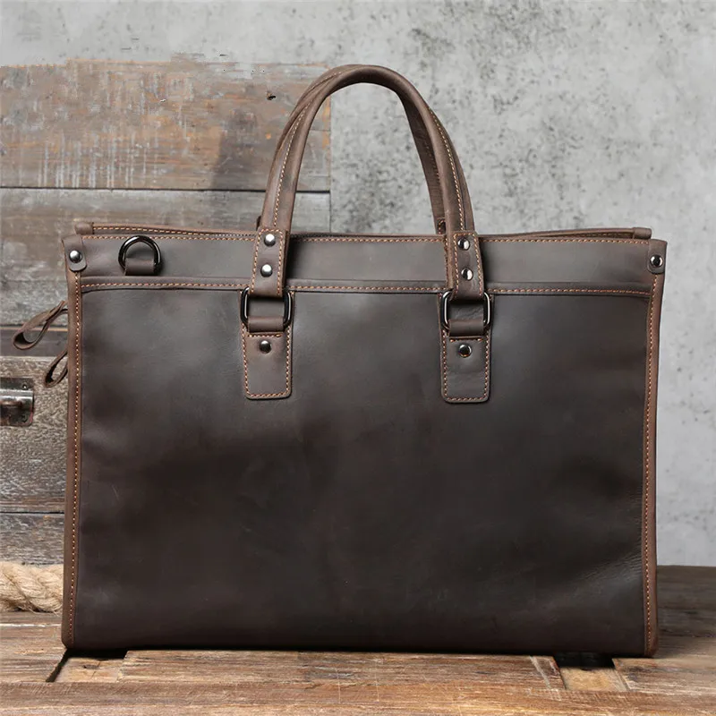 Business vintage crazy horse cowhide men's briefcase large capacity work handbag travel genuine leather laptop messenger bag