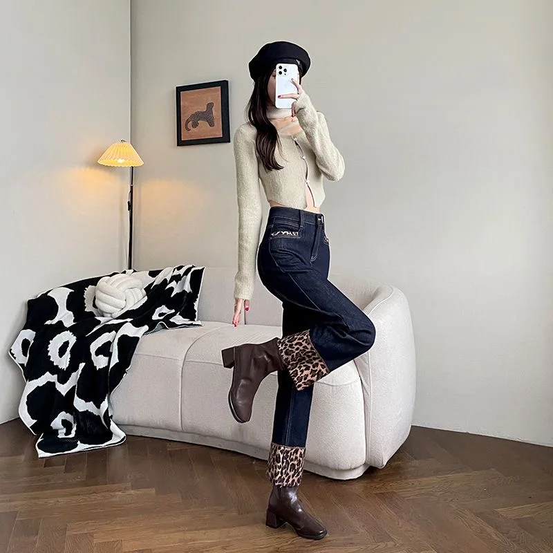 Корейские леопардовые плюшевые прямые джинсы на бархатной подкладке с высокой