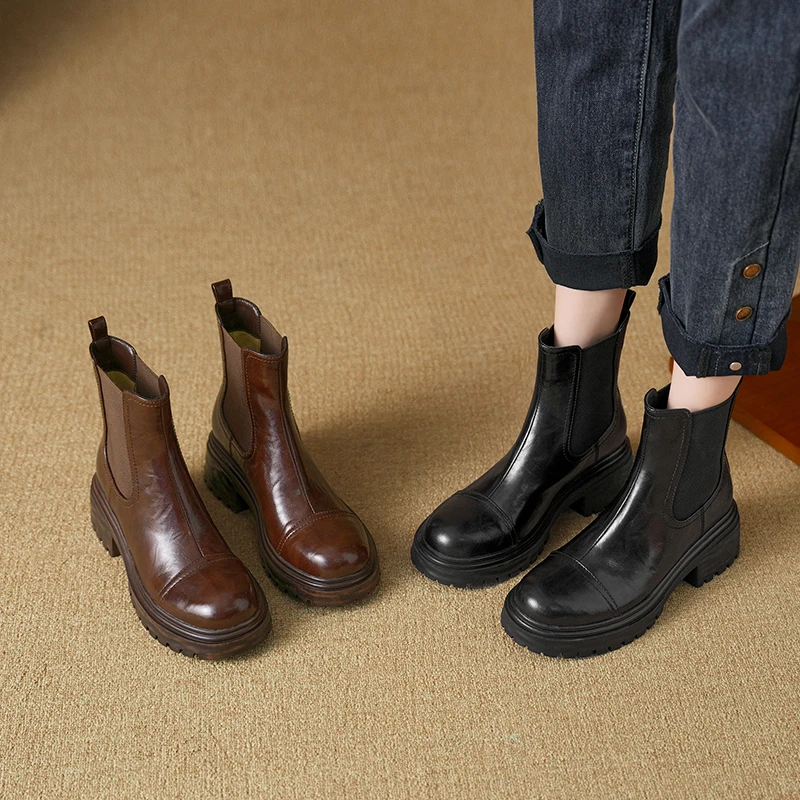 Women's Classic Winter Leather Chelsea Boots with Chunky Lug Sole Round Cap Toe and Elasticized Sides for Easy Slip-On