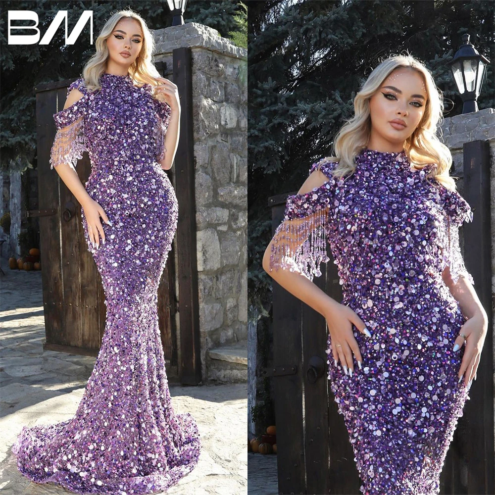 

Tassels Sequined Beading Prom Gowns Custom Made High Neck Party Dresses Stunning Purple Mermaid Evening Dresses