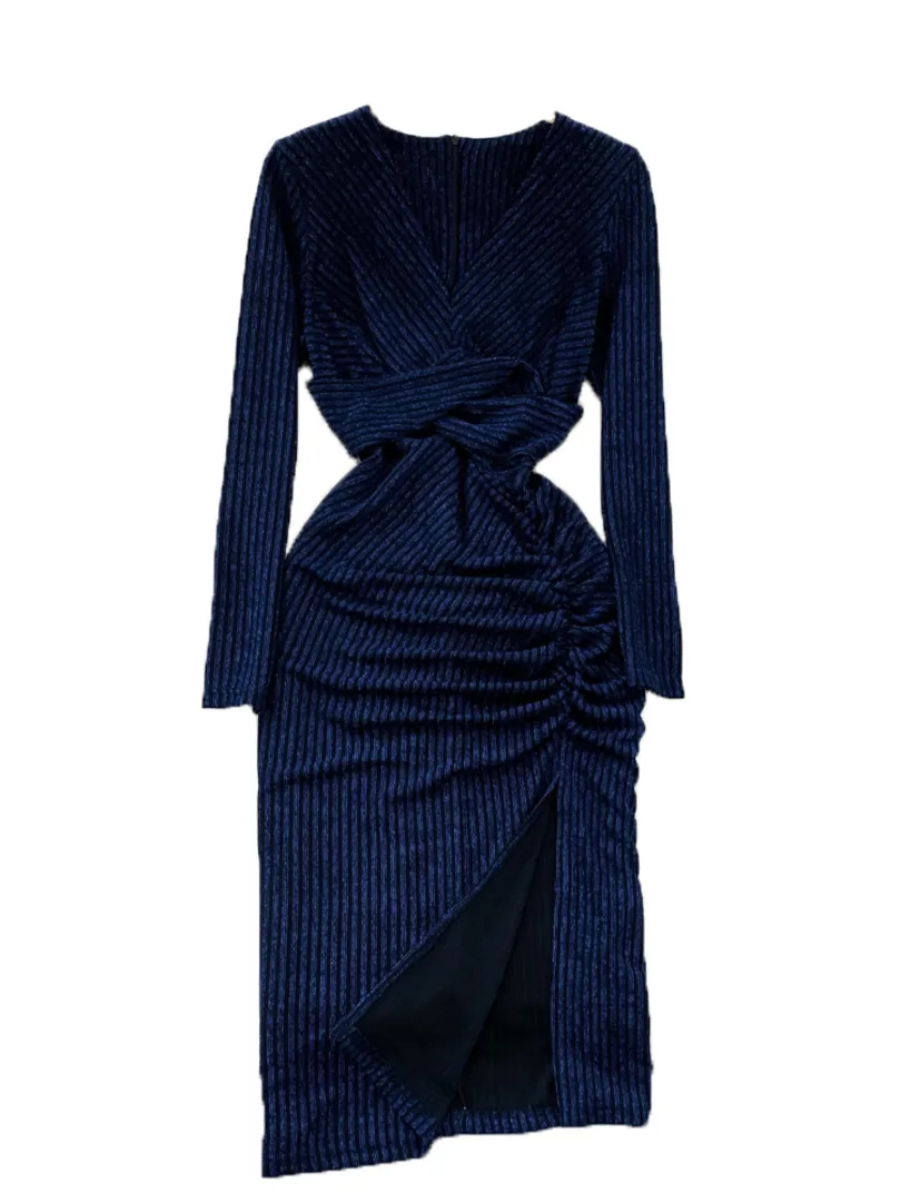 

Женское элегантное осеннее платье Foamlina 2022, модное яркое шелковое платье миди в полоску с V-образным вырезом и длинным рукавом, вечернее платье с высокой талией и разрезом