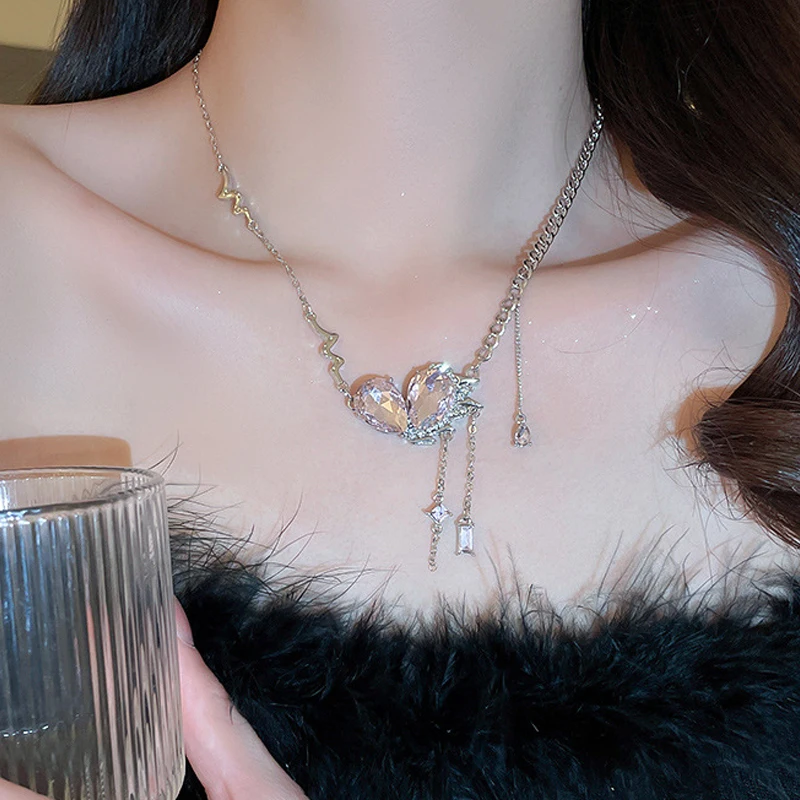 

Роскошное ожерелье-чокер с розовым кристаллом в форме сердца для женщин ожерелья с кисточками в форме капли воды для свадебного банкета юве...